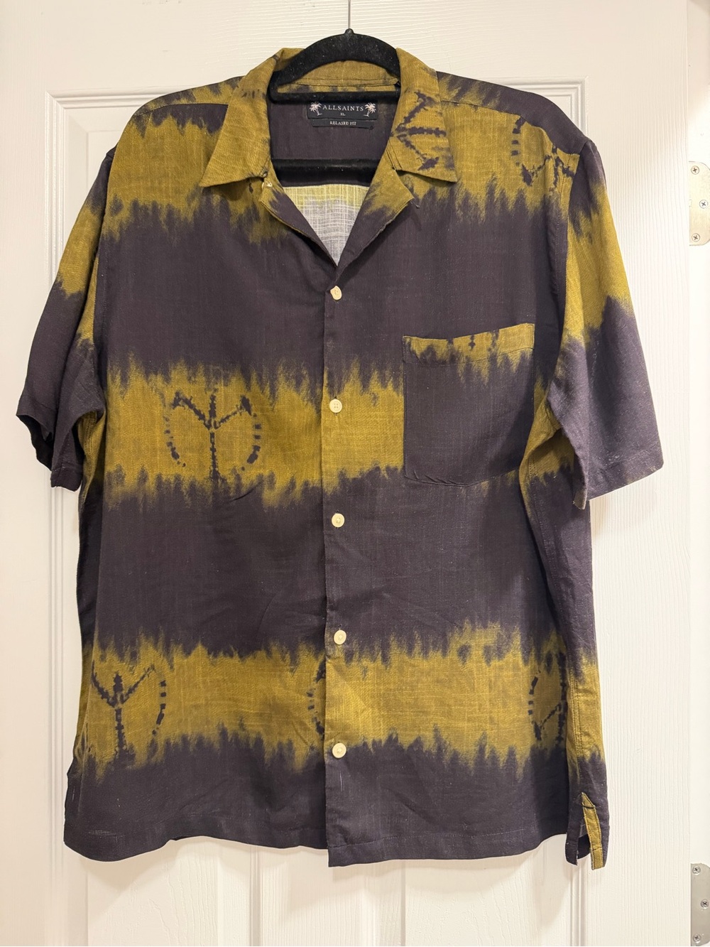 All Saints Short-Sleeve Button-Down Shirt in Mustard and Charcoal Tie-Dye